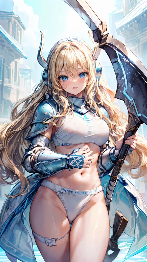 Very detailed、highest quality、(Best image quality:1.5)、(masterpiece:1.5)、8k、Anime Face、A kind smile、Open Mouth、(Beautiful bright blue eyes:1.5)、(Blonde wavy hair:1.5)、Muscles of the whole body、Thigh belt、(Wearing white bikini armor:1.5)、(Cowboy Shot:1.6)、(...