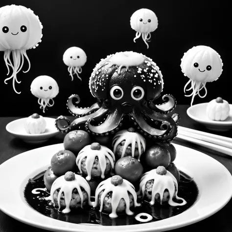 black and white photo, octopus and floating takoyaki