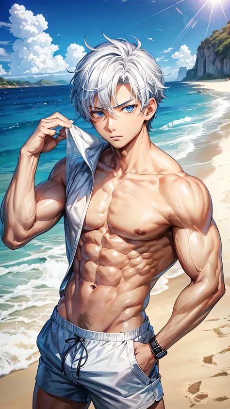 Anime guy about 15, shirtless, with blue eyes and white hair, muscular, 6 pack abs, with white shorts, on the beach  