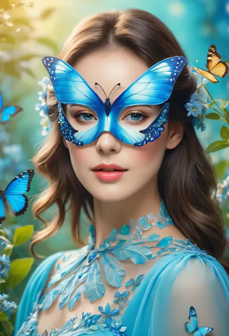 A woman wearing a blue butterfly mask，Portrait close-up，Pastel colors，Nature inspired background，Vibrant Garden，Soft sunlight，Beautiful dress，Subtle texture，Ethereal atmosphere，fantasy，（Best quality，4k，8k，masterpiece：1.2），Ultra Detail，（lifelike，Photo lifel...