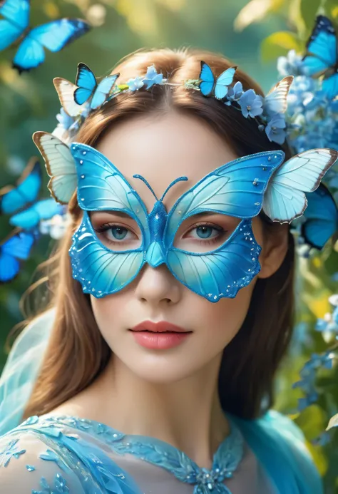 A woman wearing a blue butterfly mask,Portrait close-up,Pastel colors,Nature inspired background,Vibrant Garden,Soft sunlight,Beautiful dress,Subtle texture,Ethereal atmosphere,fantasy,(Best quality,4k,8k,masterpiece:1.2),Ultra Detail,(lifelike,Photo lifel...