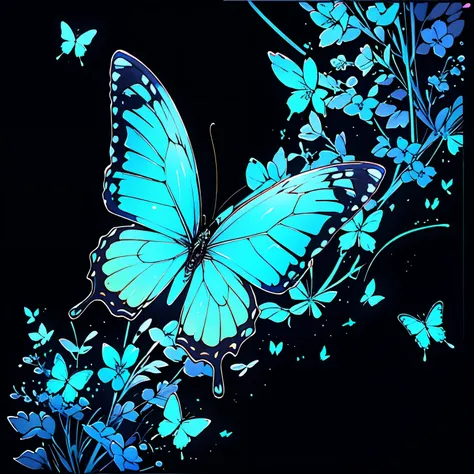 Blue Butterfly、Background Black、Line art、neon