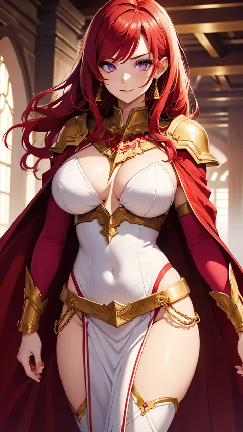 beautiful girl, Bright red hair, Detailed purple eyes, Sexy white armor、 Big Breasts、Red Cape、Gold Necklace、Golden earrings、Sexy look、In close range、Big golden sword