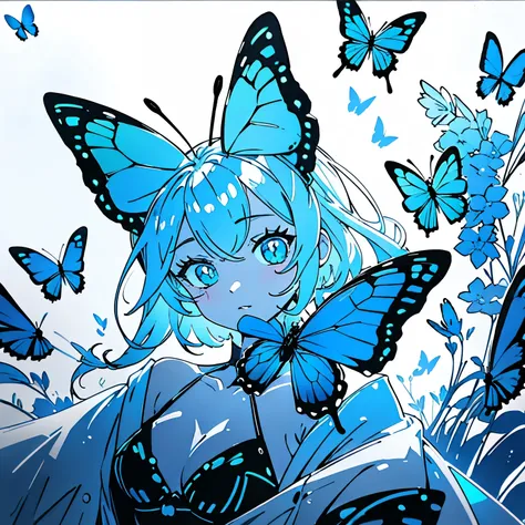 Blue Butterfly、Background Black、Line art、neon