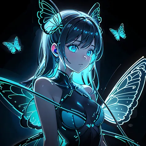 lots of blue butterflies、background black、line art、neon light