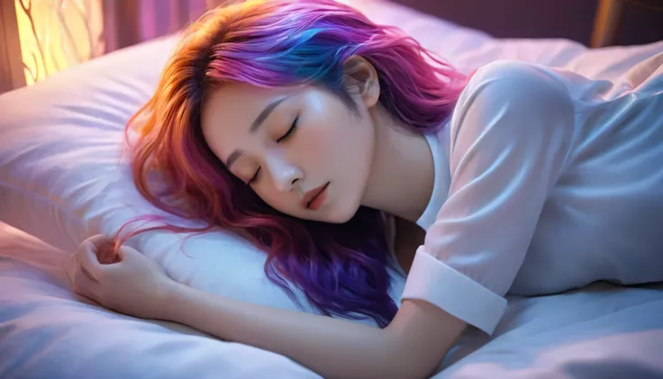 (best quality,8k,ultra-detailed:1.2),(CG,CG art,3D rendering),(masterpiece:1.2),(movie lighting,futuristic),(woman lying in bed,sleeping,closed eyes),(large window behind her,tranquil night),(colorful hair:1.5)