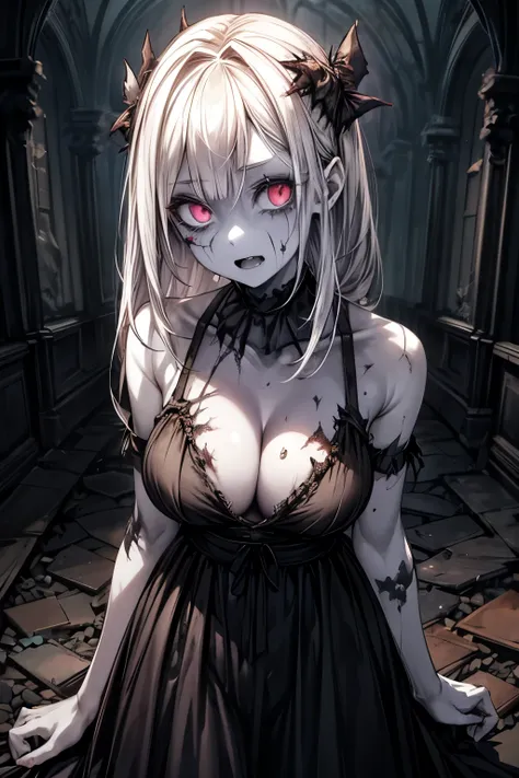 in dark ruins, many rubbles background, 1girl, (zombie:1.2), (pale skin:1.4), fang, (tattered dress:1.2), many scars on body, large breasts, cleavage,