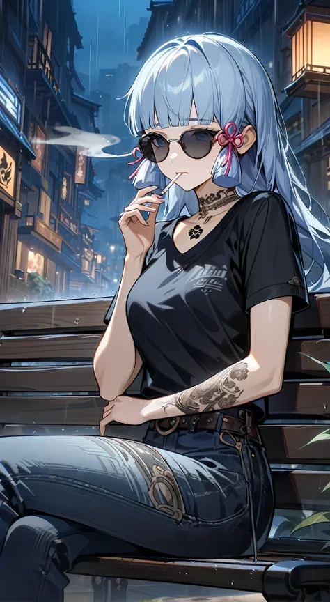 kamisato ayaka from genshin impact,tattoo on the neck and arm,wear black modern T-Short and black modern jeans,sunglasses,Sitting on a bench,smokes a cigarette,cigarette smoke, sad face, depress, night city,rain, (best quality), ultra high res, professiona...