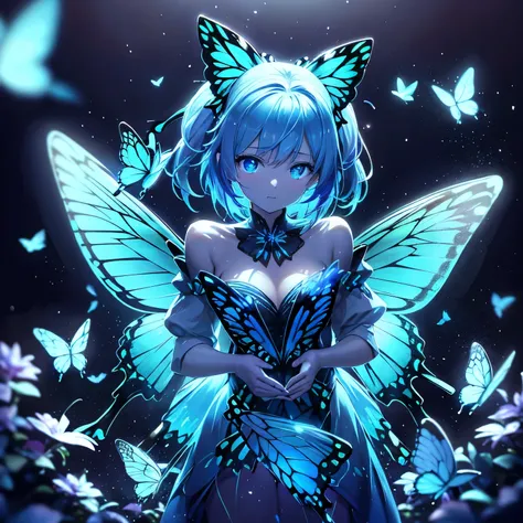 Lots of blue butterflieany blue butterflies flying in the background、Neon Light