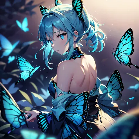 lots of blue butterflieany blue butterflies flying in the background、neon light