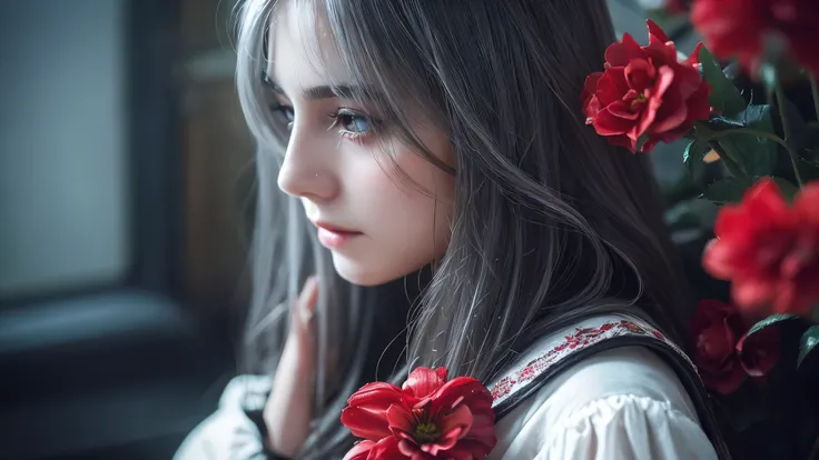 One girl,alone,One girl,alone,((Beautiful fine details)), (Detailed light),Depth of written boundary,(Gray Hair),Silver Eyes,Hair on one eye,(Red flower ), Hair Flowers,Long Hair,Black Cape,Wet,Emotionless,Recall,night,Starfall,it&#39;s raining,fog,Red flo...