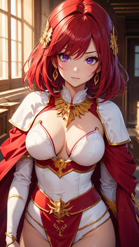 Highest quality、highest quality、Highest Resolution、beautiful girl, Bright red hair,Short Hair、Hair clip, Detailed purple eyes, White armor like underwear,Large Breasts,Firm breasts,Red Cape、Gold Necklace、Golden earrings、In close range