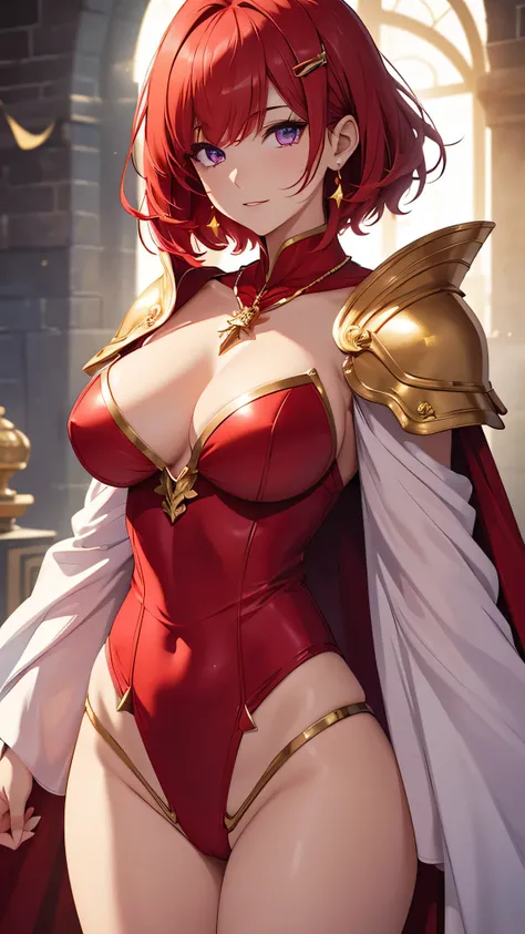 Highest quality、highest quality、Highest Resolution、beautiful girl, Bright red hair,Short Hair、Hair clip, Detailed purple eyes, White armor like underwear,Large Breasts,Firm breasts,Red Cape、Gold Necklace、Golden earrings、In close range