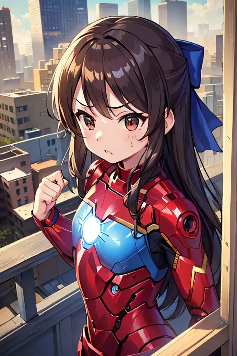Primary school students、child、Long Hair、((Small breasts、Small breasts、child体型、Angry、injured body、Blue ribbon))、((iron man suit))、City of night、Rooftop、Boxing stance、8 year old 、Fight the enemy、A body covered in scars、Struggled、Sweating profusely