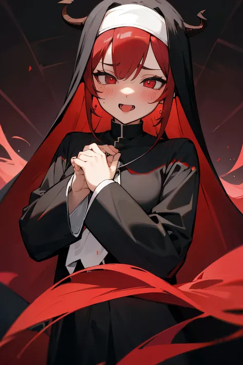 Love in the eyes, long red hair, red pupils, blushing, Cute, wide open mouth, show tongue, rolling eyes, black nun outfit, goat horn, black earring
