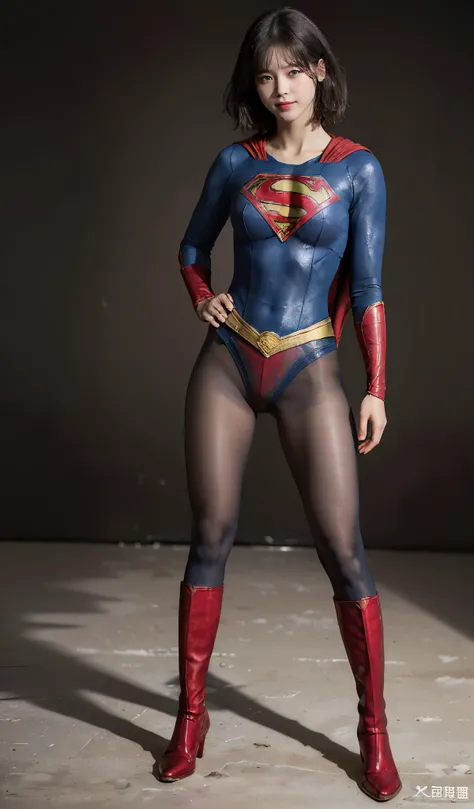 No background、(((Beautiful legs in black tights.)))、(((Legally express the beauty of your smile)))、((((Make the most of your original images)))、(((Supergirl Costume)))、(((Beautiful boyish short hairstyle)))、(((suffering)))、(((Please wear black tights....、W...