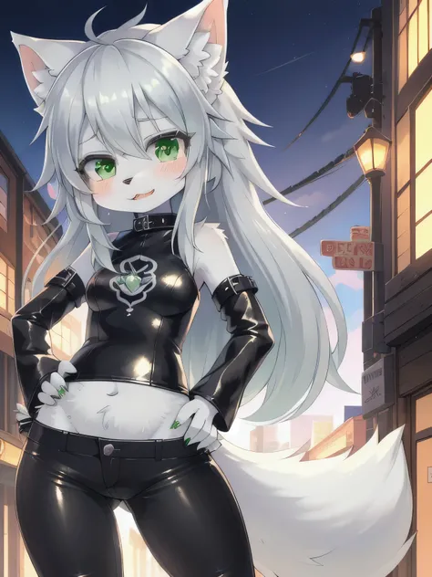 anime,kawaii,small female,cute,pretty,HD,messy hair,green eye,silver hair,middle hair,,wolf girl,,furry,anthro,Brat,Leather pants,fur