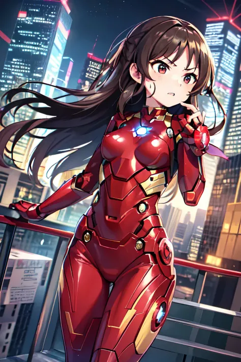 Primary school students、child、Long Hair、((Small breasts、Small breasts、child体型、Angry、injured body、Blue ribbon))、((iron man suit))、City of night、Rooftop、Boxing stance、8 year old 、Fight the enemy、A body covered in scars、Struggled、Sweating profusely