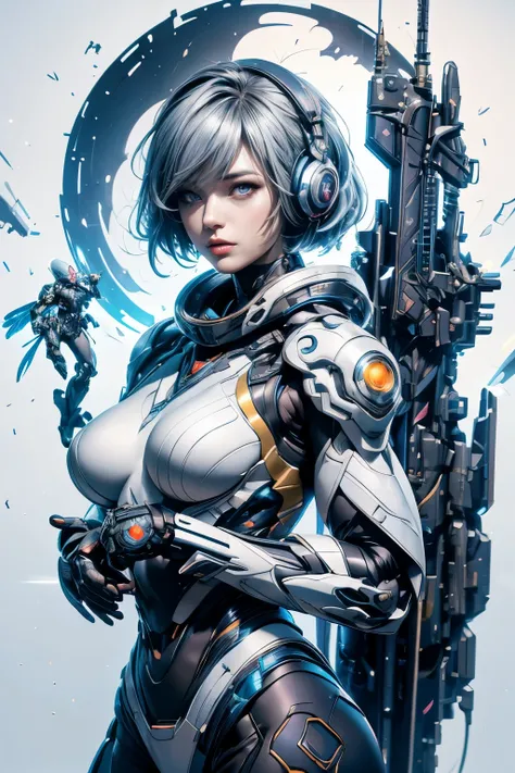 cg mecha, beautiful eyes, two people、upper body, （mechanic）, action、female、portraiture,jet suit、complex３ｄheadset、perfection、neon...