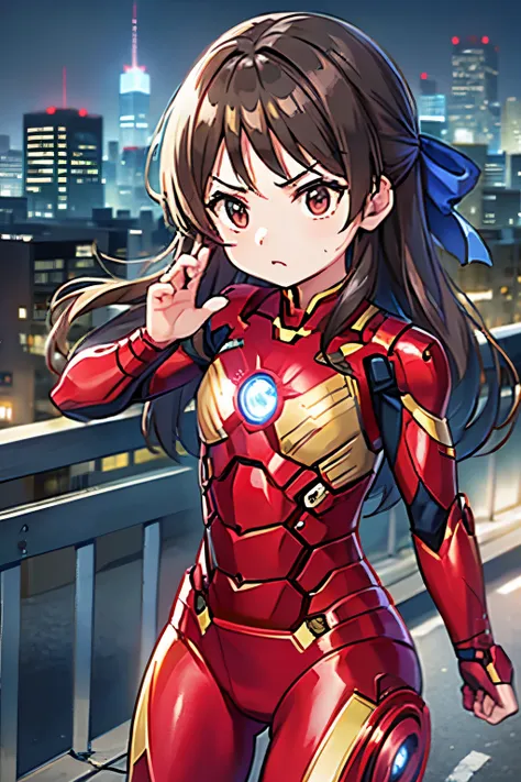 primary school students、child、long hair、((small breasts、small breasts、child体型、angry、injured body、blue ribbon))、((iron man suit))...