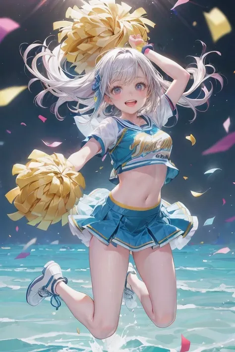 cowboyshot:1.2, dutch-angel, (best quality,4k,8k,highres,masterpiece:1.2),ultra-detailed,(realistic,photorealistic,photo-realistic:1.37),colorful,splash art,cute girl,white hair,girly pose,dynamic motion,cheerleading costume,cheerful expression,big sparkli...