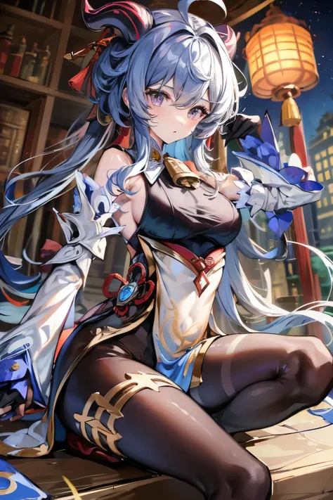 ((masterpiece、highest quality、Very detailed、Extremely detailed:1.5))Hired(Genshin Impact), One girl, Ahoge, architecture, bangs, Exposing shoulders, Bell, black Glovess, black tights, ((Blue Hair), blush, chest, Chinese knot, sleeve, East Asian architectur...