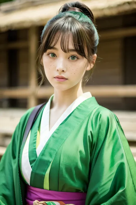 girl、Hair is green、The clothes are green and look like a kimono.、、Her eyes are slanted and her hair is green.、Makeup is heavy、、Bangs are blunt、A few freckles、Lonely、Two knots