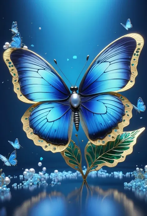 best quality,perfect masterpiece,Perfect work of art,Business,8k,Blue transparent butterfly，blue，Kaneko,Pearl hallucination,(The front is centered),(Centrosymmetric)，3S Materials,HD,Detailed performance,C4D,。.3D,Octane Rendering,Ray Tracing,Intricate detai...