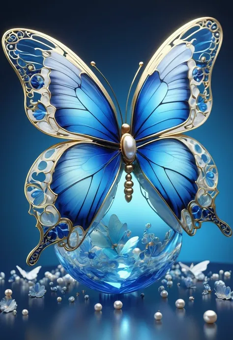 best quality,perfect masterpiece,Perfect work of art,Business,8k,Blue transparent butterfly，blue，Kaneko,Pearl hallucination,(The front is centered),(Centrosymmetric)，3S Materials,HD,Detailed performance,C4D,。.3D,Octane Rendering,Ray Tracing,Intricate detai...