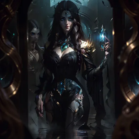 Morgana, a enigmatic sorceress from the League of Legends, sits before an ornate mirror, her reflection revealing a perfectly handsome face framed by cascades of dark curls. Her complete body is clad in flowing robes, her eyes locked onto the image in the ...