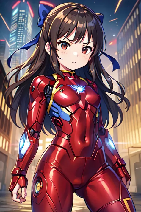 NSFW、Primary school students、child、Long Hair、((Small breasts、Small breasts、child体型、Angry、injured body、Blue ribbon))、((iron man suit))、City of night、Rooftop、Boxing stance、8 year old 、Fight the enemy、A body covered in scars、Struggled、Sweating profusely