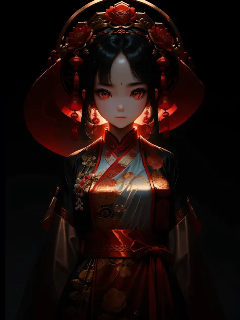 最high quality，Genius work，Ultra high resolution Options，one girl，Chinese Hanfu，Ancient Chinese Background，Red towel，Helmet with Flowers，necklace，Jewelry，Beautiful face，body on this，Heaven and Earth Effect，Realization，Dark imaging room，rimlight，Two-color li...