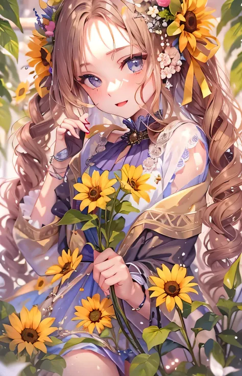 ((highest quality)), ((masterpiece)), (Get used to it), Perfect Face , beautiful girl , sunflower , Princess Hairstyles , Princess Dress ,