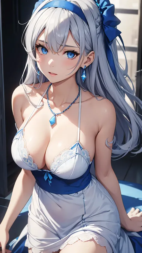 beautiful girl, Gray Hair, blue eyes, A sexy white dress that looks like underwear, Big Tits、to close range、Blue Necklace、Blue earrings、head band