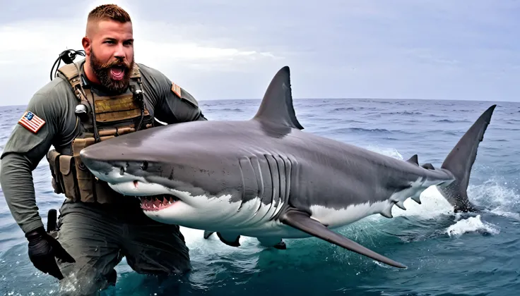 (Detailed Description) (highest quality) American Male, American soldiers, big beard, Great White Shark, short hair, animal sharks are involved, Going to War