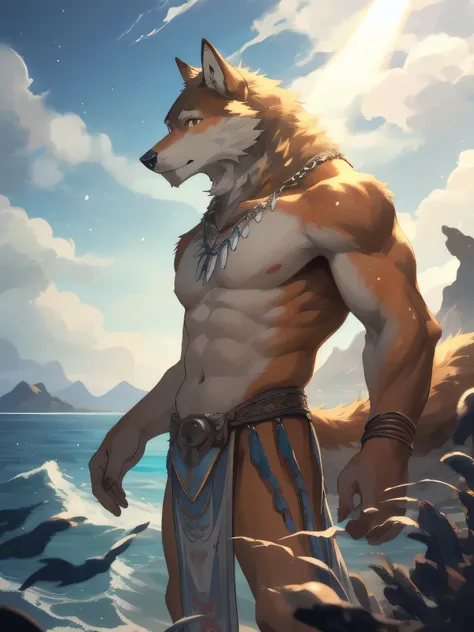 masterpiece, high quality, Empty, number (artwork), By Black Spring, yes,Seizan. soft light, Solitary, (Anthropomorphic male wolves), (orange body), Sunlight, Ocean Beach, Loincloth, Ocean, cloud, dark, bright, sand, from the side, necklace. Dough, panoram...