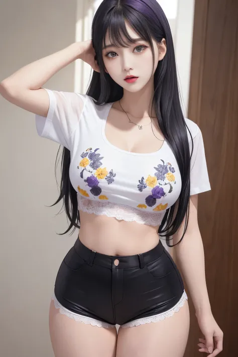 photorealistic, high resolution, 1 girl, long hair, korean, beauty eyes, print white sexy shirt, skimpy tight black shorts, thick thighs,print crop top sexy, lace underwear, yellow, red, blue, pink, purple, violet, green, cyan, white, show breast,