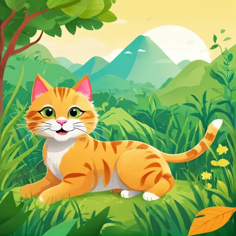 Linda y adorable portada sobre felines in nature., for children, felices, sonrientes, vector art, minimalista, vector 2d, , vector illustration, ink strokes, con colores, , estilo pixar, con colores