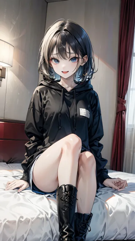 (((lovehotel)))、Hotel、8k,Super Detailed Game CG, (High resolution:1.1),(Absurd:1.1), highest quality, 超High resolution, Highest resolution, Very detailed, One girl,cute、contemptuous 、disdain、Sitting、
black and White hoodie、Red and black hoodie、White hoodie...