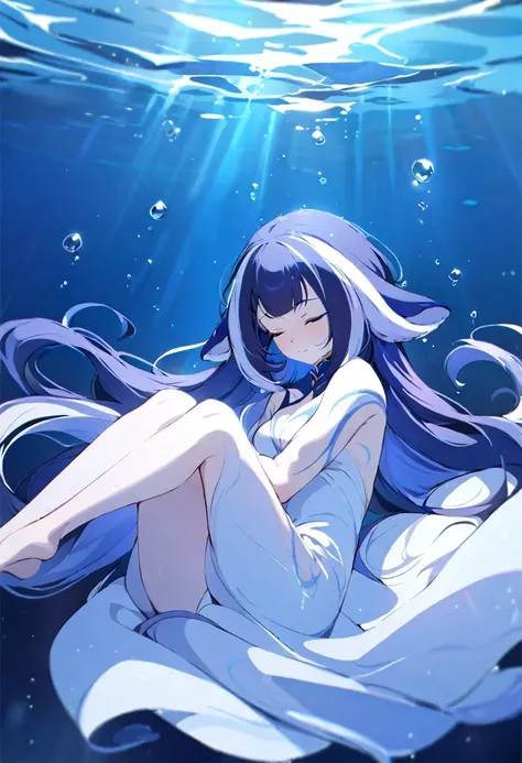 (shylily/(Twich/):1.5),(masterpiece:1.2),(best quality:1.2),, (1girl:1.3),an artwork of a woman in white dress and flowing hair under water, 1girl, dress, underwater, solo, long hair, closed eyes,  hair, air bubble, barefoot, bubble