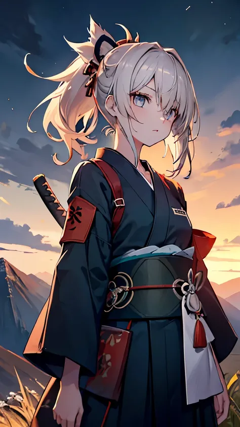 ,girl,Best image quality,,Rust-colored hair,Eye patch,Iron-colored eyes,,White skin,Long Hair,ponytail,Gardenia,Moonlit Night,Samurai,Two swords at his waist,Mountain trail,Navy blue hakama,Sarashi,bandage,Dark green kimono,