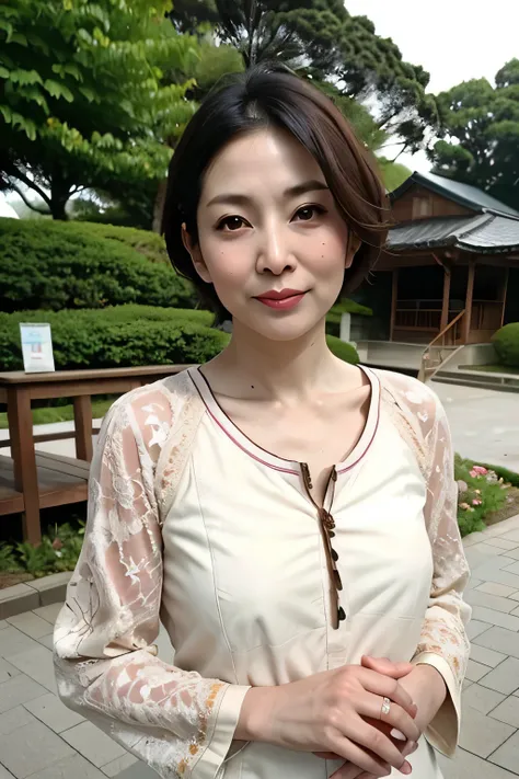 Japanese Garden,highest quality,Japanese ,Realistic characters, figure, Super detailed, finely, High resolution, Detailed and beautiful eyes,blouse, Center of chest, Natural color lip, Sexy pose,smile、40 year old girl,Short Hair ,Bra Top、Cowboy Shot,