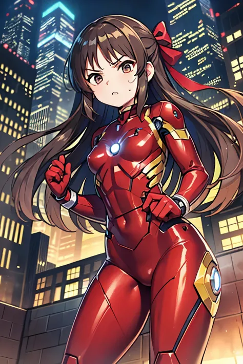 NSFW、Primary school students、child、Long Hair、((Small breasts、Small breasts、child体型、Angry、Wounded Body、Blue ribbon))、((iron man suit))、City of night、Rooftop、Boxing stance、8 year old 、Fight the enemy、A body covered in scars、Struggled、Sweating profusely