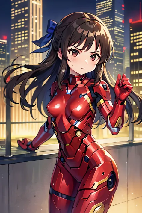 NSFW、Primary school students、child、Long Hair、((Small breasts、Small breasts、child体型、Angry、Wounded Body、Blue ribbon))、((iron man suit))、City of night、Rooftop、Boxing stance、8 year old 、Fight the enemy、A body covered in scars、Struggled、Sweating profusely