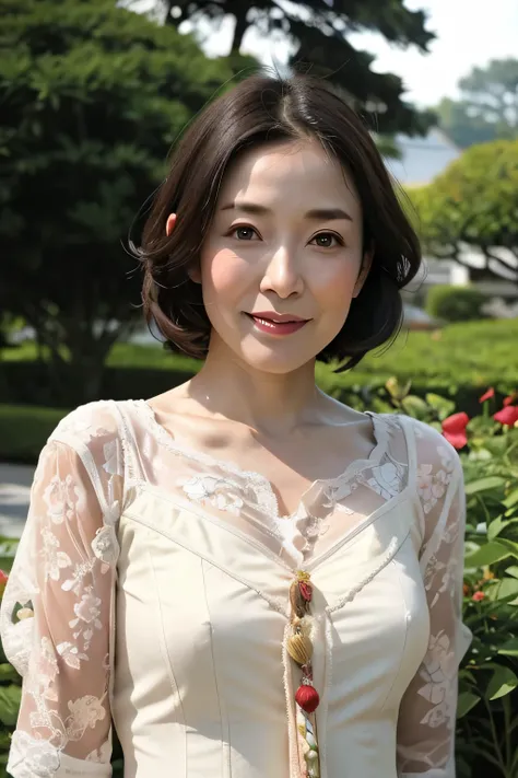 Japanese Garden,highest quality,Japanese ,Realistic characters, figure, Super detailed, finely, High resolution, Detailed and beautiful eyes,blouse, Center of chest, Natural color lip, Sexy pose,smile、40 year old girl,Short Hair ,Bra Top、Cowboy Shot,