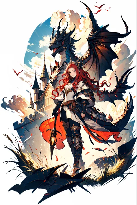 masterpiece, concept art, cowboy shot, centered, [(white background:1.5), ::2]1girl, solo, kawaii dragon knight, dragon wings, r...