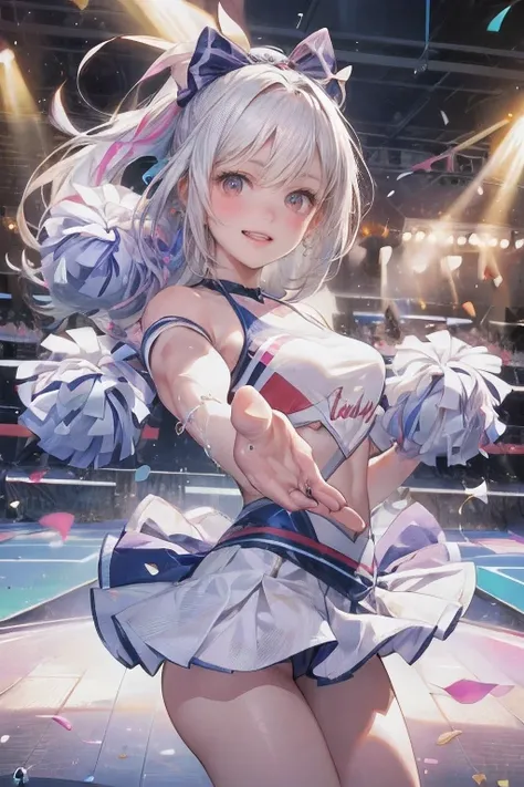 cowboyshot:1.2, dutch-angel, (best quality,4k,8k,highres,masterpiece:1.2),ultra-detailed,(realistic,photorealistic,photo-realistic:1.37),colorful,splash art,cute girl,white hair,girly pose,dynamic motion,cheerleading costume,cheerful expression,big sparkli...