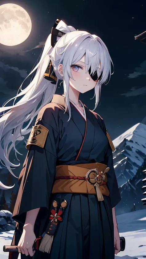 ,girl,Best image quality,,Rust-colored hair,Eye patch,Iron-colored eyes,,White skin,Long Hair,ponytail,Gardenia,Moonlit Night,Samurai,Two swords at his waist,Mountain trail,Navy blue hakama,Sarashi,bandage,Dark green kimono,