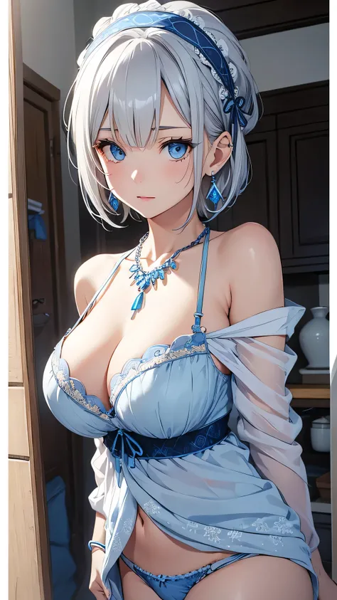 Beauty, Gray Hair, blue eyes, underwear、White embroidery、Big Breasts、to close range、Blue Necklace、Blue earrings、head band、Short Hair