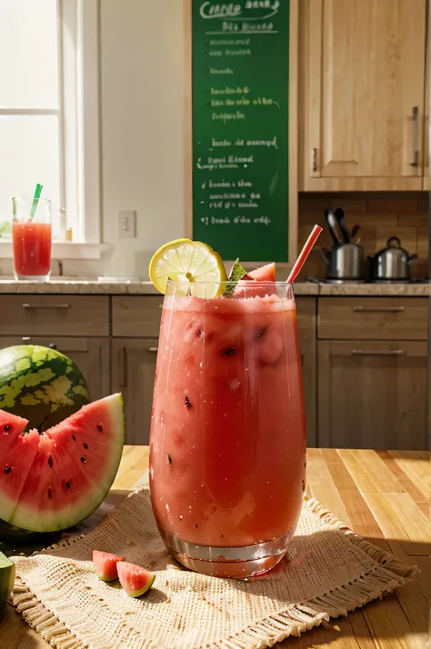 a big close up glass of Watermelon mixed well blend limonade infused with a hint of ginger that will make you thirsty on thhe spot in a bright inviting kitchen, ultra high realistic image

